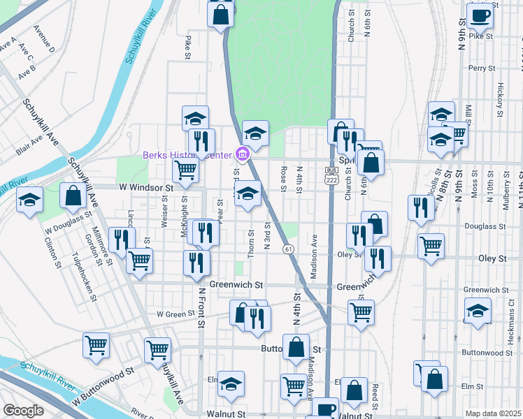 map of restaurants, bars, coffee shops, grocery stores, and more near 835 North 3rd Street in Reading