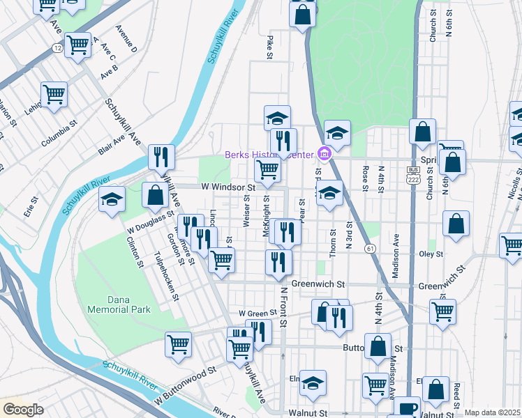 map of restaurants, bars, coffee shops, grocery stores, and more near 833 Weiser Street in Reading
