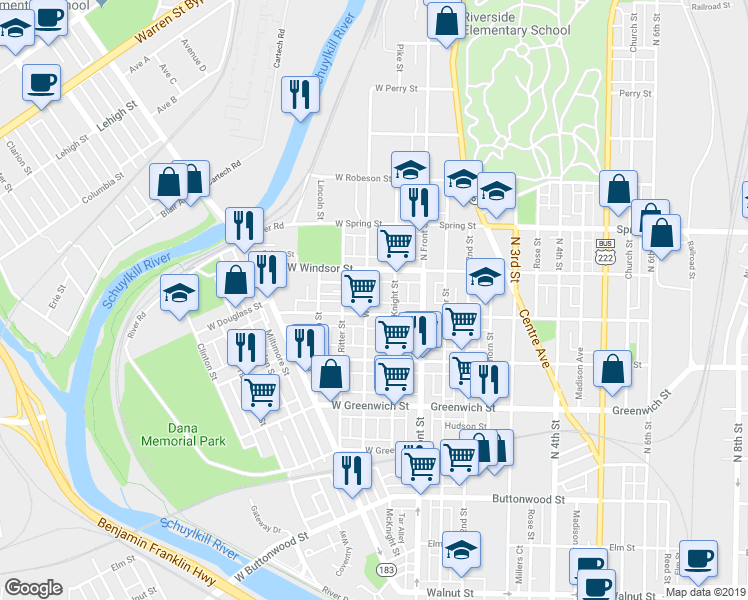 map of restaurants, bars, coffee shops, grocery stores, and more near 833 Weiser Street in Reading