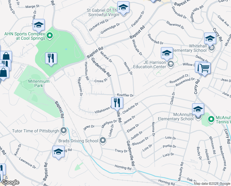 map of restaurants, bars, coffee shops, grocery stores, and more near 4740 McKee Drive in Pittsburgh