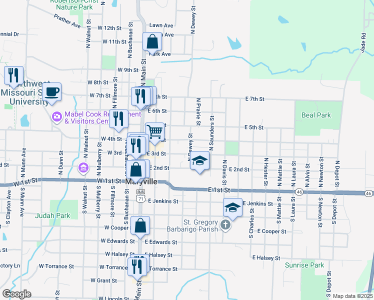 map of restaurants, bars, coffee shops, grocery stores, and more near 334 East 4th Street in Maryville