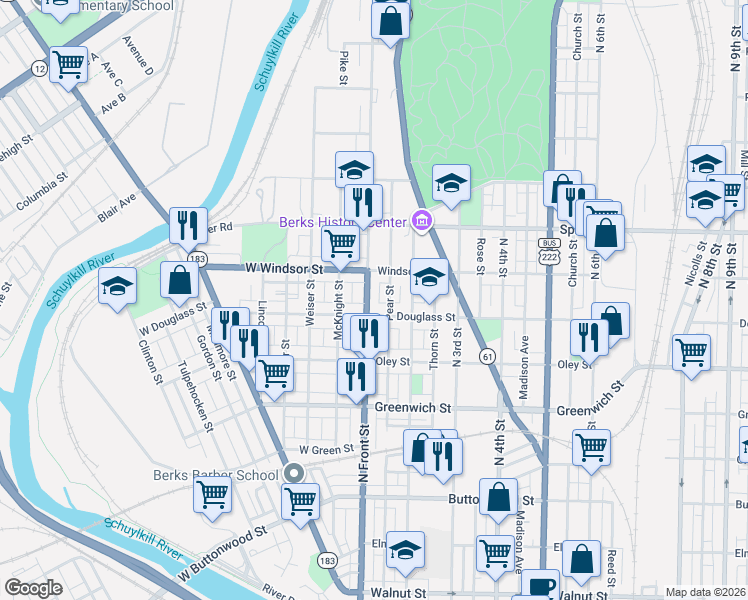 map of restaurants, bars, coffee shops, grocery stores, and more near 834 Pear Street in Reading