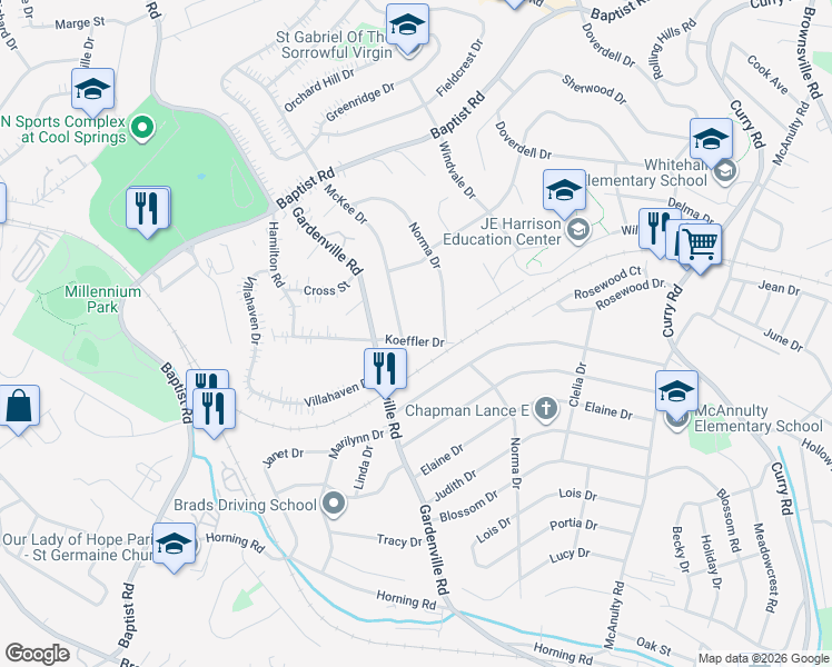 map of restaurants, bars, coffee shops, grocery stores, and more near 4760 Norma Drive in Pittsburgh