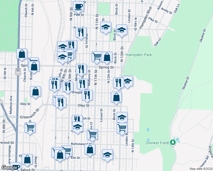map of restaurants, bars, coffee shops, grocery stores, and more near 836 North 12th Street in Reading