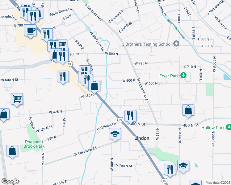 map of restaurants, bars, coffee shops, grocery stores, and more near 348 West Talons Reach Lane in Lindon