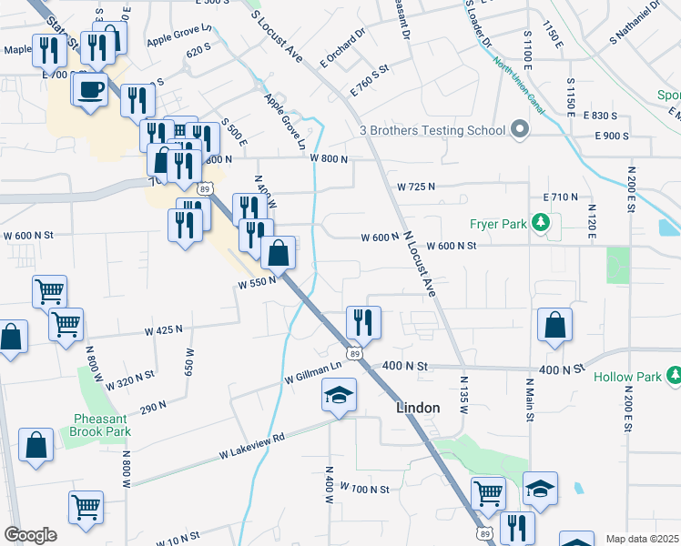 map of restaurants, bars, coffee shops, grocery stores, and more near 348 West Talons Reach Lane in Lindon