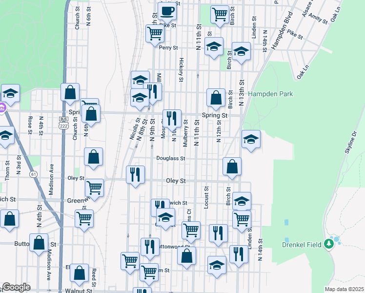 map of restaurants, bars, coffee shops, grocery stores, and more near 1038 Windsor Street in Reading