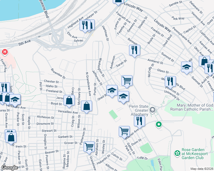 map of restaurants, bars, coffee shops, grocery stores, and more near 1036 Washington Street in McKeesport