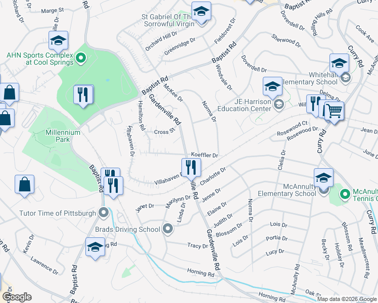 map of restaurants, bars, coffee shops, grocery stores, and more near 4740 McKee Drive in Pittsburgh