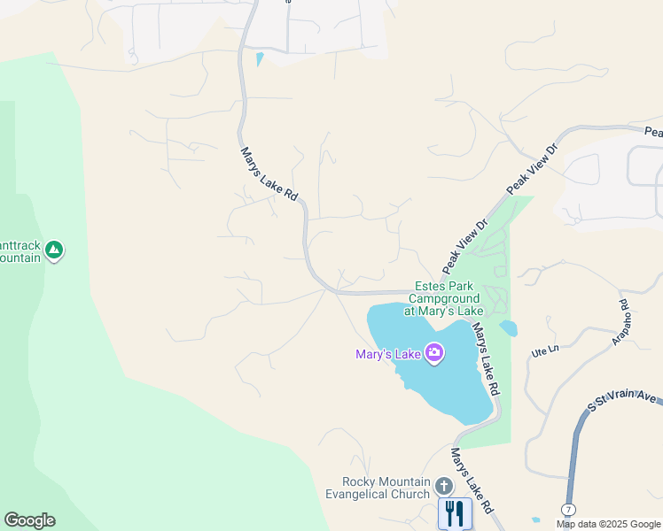 map of restaurants, bars, coffee shops, grocery stores, and more near 2050 Marys Lake Road in Estes Park