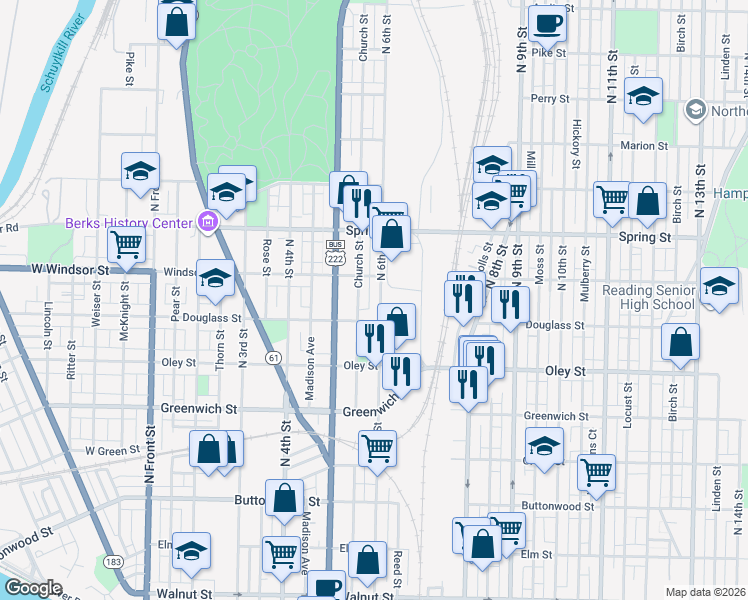 map of restaurants, bars, coffee shops, grocery stores, and more near 848 North 6th Street in Reading
