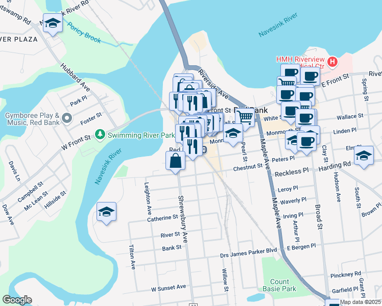 map of restaurants, bars, coffee shops, grocery stores, and more near 72 Bridge Avenue in Red Bank