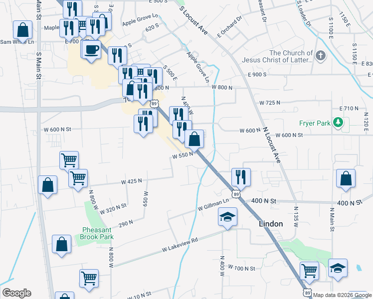 map of restaurants, bars, coffee shops, grocery stores, and more near 565 North State Street in Lindon
