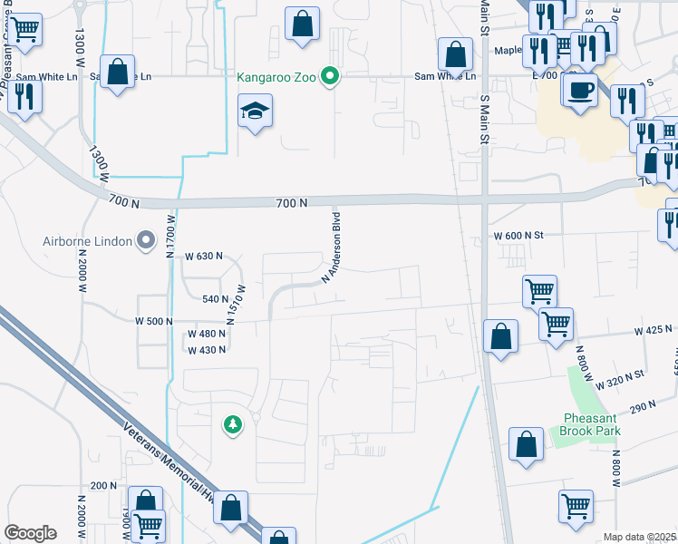 map of restaurants, bars, coffee shops, grocery stores, and more near 611 North Briarwood Lane in Lindon