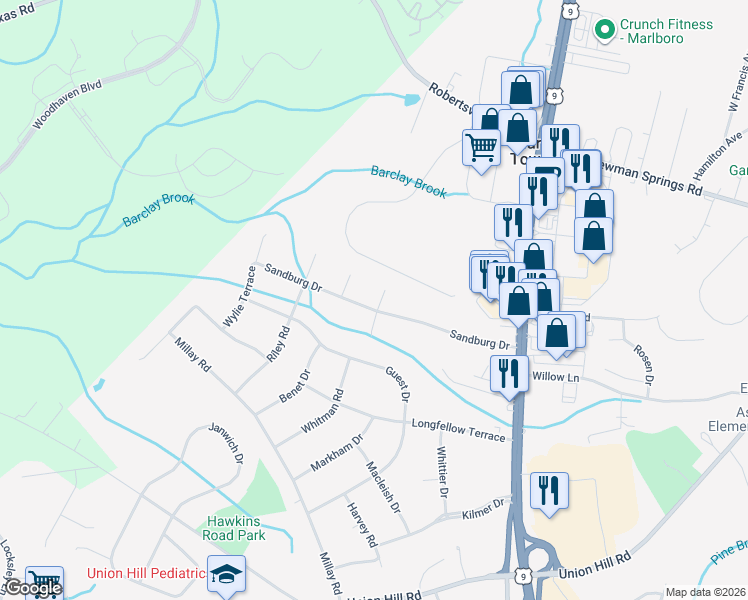 map of restaurants, bars, coffee shops, grocery stores, and more near 30 Sandburg Drive in Marlboro