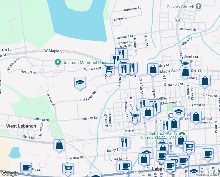 map of restaurants, bars, coffee shops, grocery stores, and more near 605 North 12th Street in Lebanon