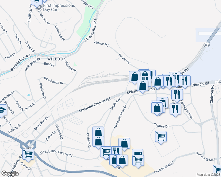 map of restaurants, bars, coffee shops, grocery stores, and more near 1717 Lebanon Church Road in West Mifflin