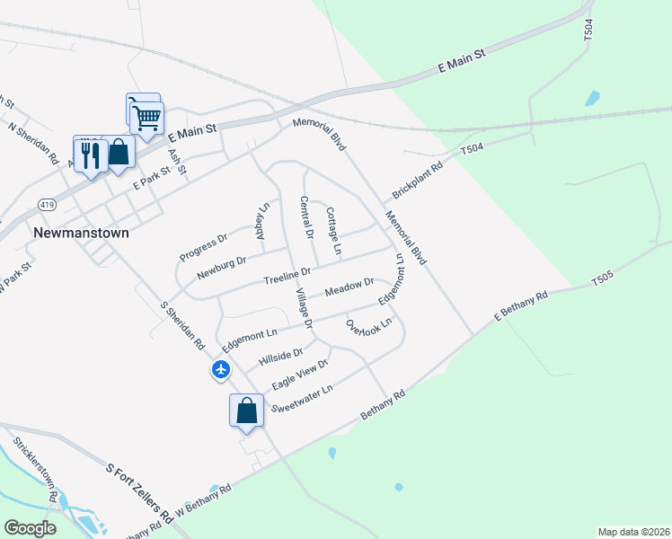 map of restaurants, bars, coffee shops, grocery stores, and more near 111 Treeline Drive in Newmanstown