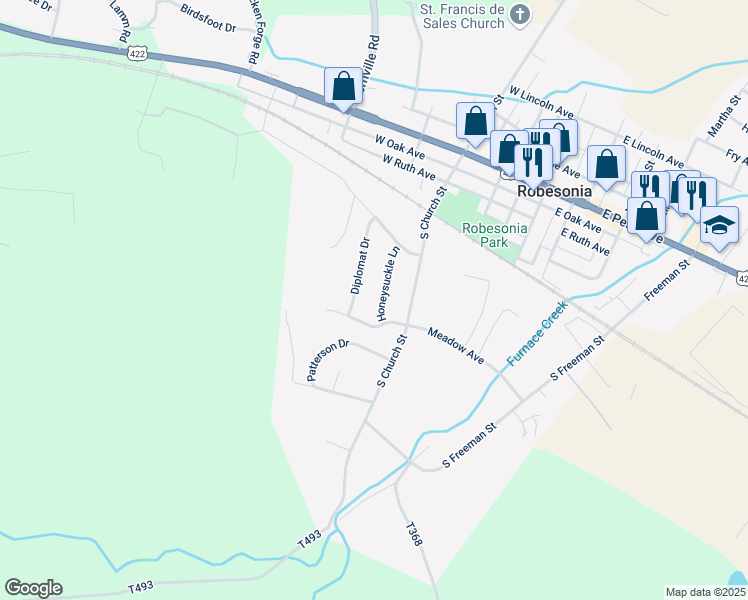 map of restaurants, bars, coffee shops, grocery stores, and more near 275 Honeysuckle Lane in Robesonia