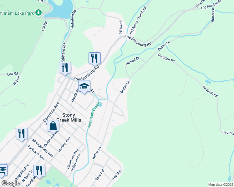 map of restaurants, bars, coffee shops, grocery stores, and more near 1521 Butter Lane in Reading