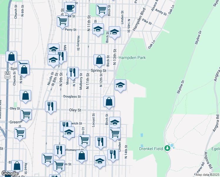 map of restaurants, bars, coffee shops, grocery stores, and more near 844 North 13th Street in Reading