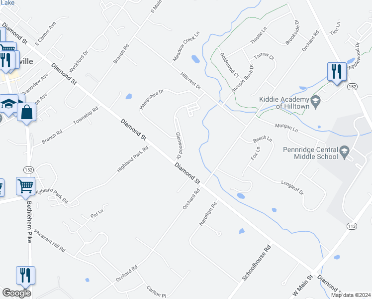 map of restaurants, bars, coffee shops, grocery stores, and more near Ridgeview Court in Sellersville
