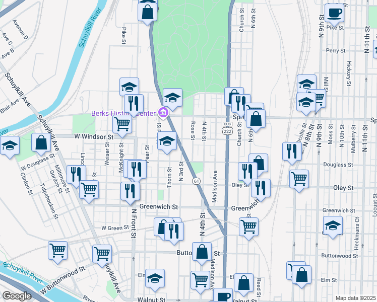 map of restaurants, bars, coffee shops, grocery stores, and more near 835 North 3rd Street in Reading