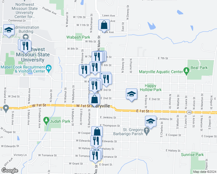 map of restaurants, bars, coffee shops, grocery stores, and more near 305 North Main Street in Maryville