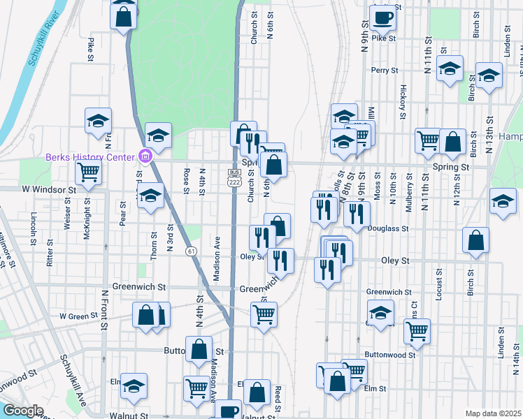 map of restaurants, bars, coffee shops, grocery stores, and more near 848 North 6th Street in Reading
