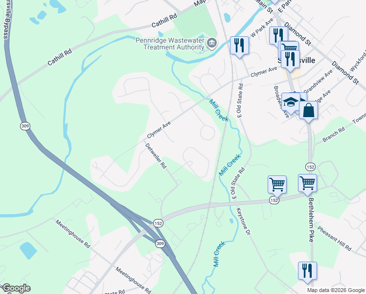 map of restaurants, bars, coffee shops, grocery stores, and more near 7 Wisteria Court in Sellersville