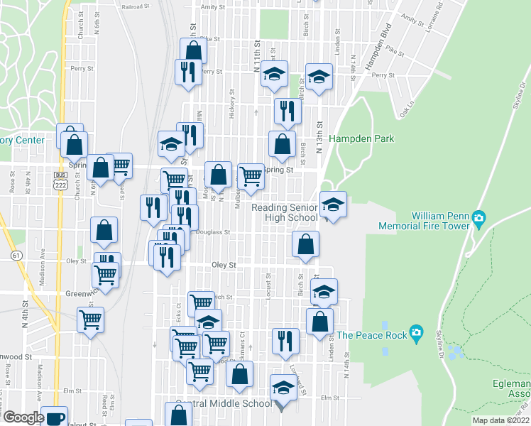 map of restaurants, bars, coffee shops, grocery stores, and more near 1128 Windsor Street in Reading