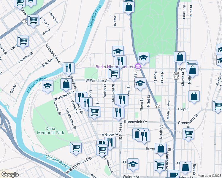 map of restaurants, bars, coffee shops, grocery stores, and more near 818 McKnight Street in Reading