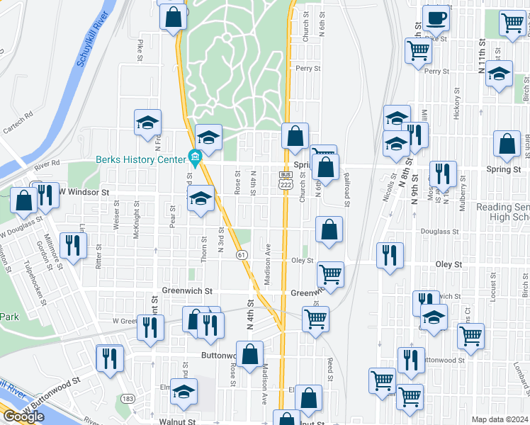 map of restaurants, bars, coffee shops, grocery stores, and more near 828 Madison Avenue in Reading