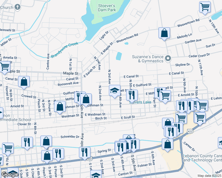 map of restaurants, bars, coffee shops, grocery stores, and more near 330 East Guilford Street in Lebanon