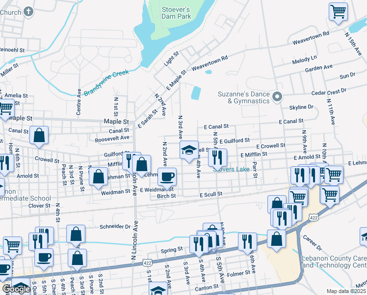 map of restaurants, bars, coffee shops, grocery stores, and more near 330 East Guilford Street in Lebanon