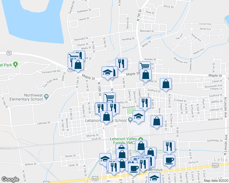 map of restaurants, bars, coffee shops, grocery stores, and more near 546 North 9th Street in Lebanon