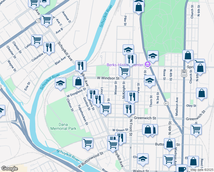 map of restaurants, bars, coffee shops, grocery stores, and more near 820 Ritter Street in Reading