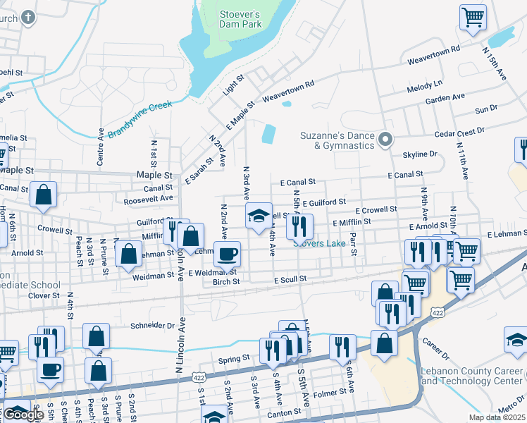 map of restaurants, bars, coffee shops, grocery stores, and more near 330 East Guilford Street in Lebanon