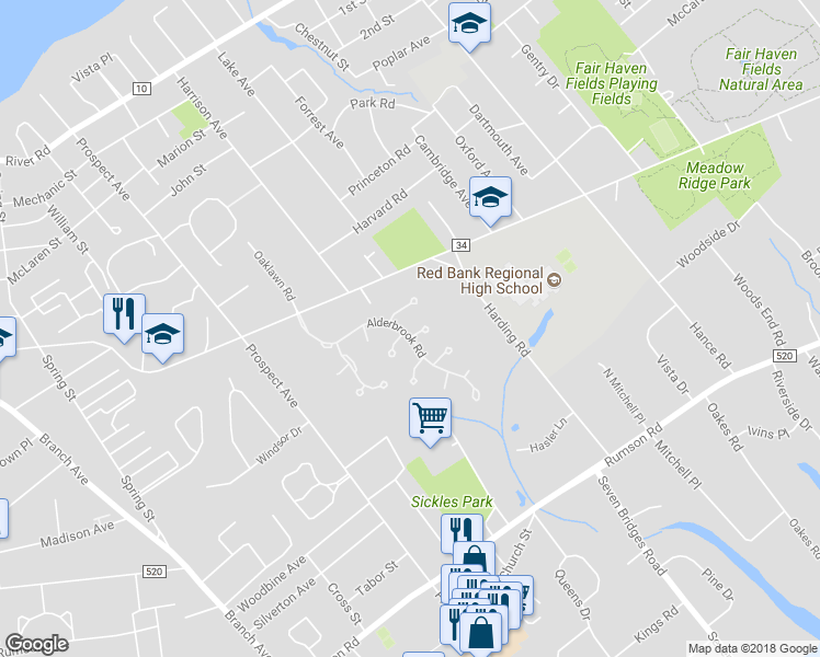 map of restaurants, bars, coffee shops, grocery stores, and more near 222 Whispering Woods Court in Little Silver
