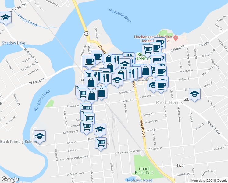 map of restaurants, bars, coffee shops, grocery stores, and more near 62 Oakland Street in Red Bank