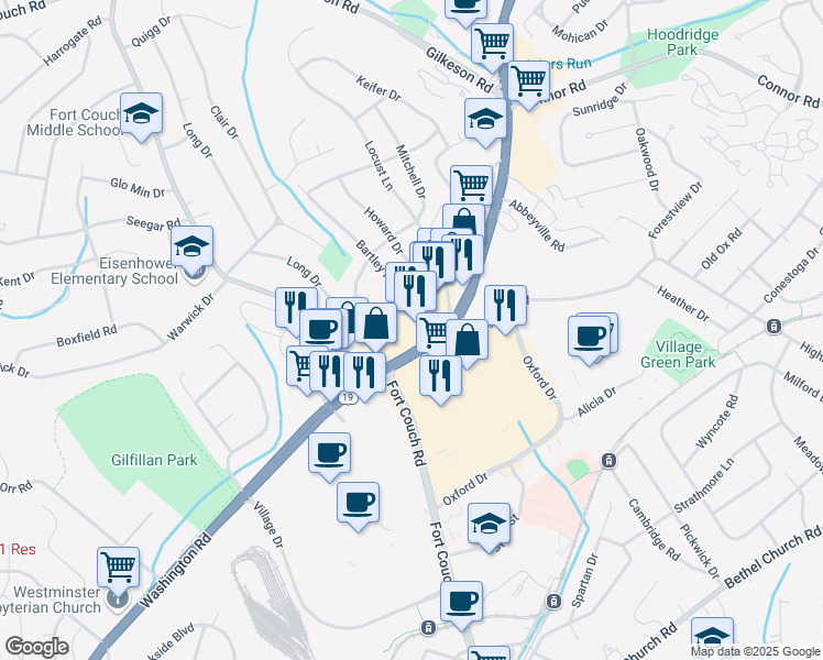 map of restaurants, bars, coffee shops, grocery stores, and more near 1720 Washington Road in Pittsburgh