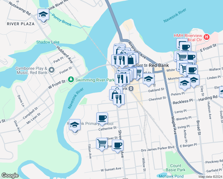 map of restaurants, bars, coffee shops, grocery stores, and more near 80 Shrewsbury Avenue in Red Bank
