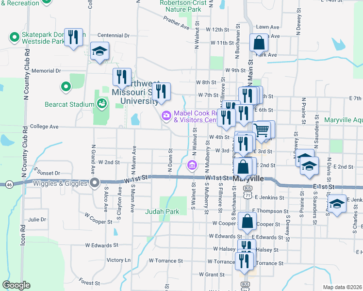 map of restaurants, bars, coffee shops, grocery stores, and more near 325 North Dunn Street in Maryville