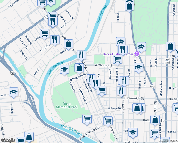 map of restaurants, bars, coffee shops, grocery stores, and more near 821 Schuylkill Avenue in Reading