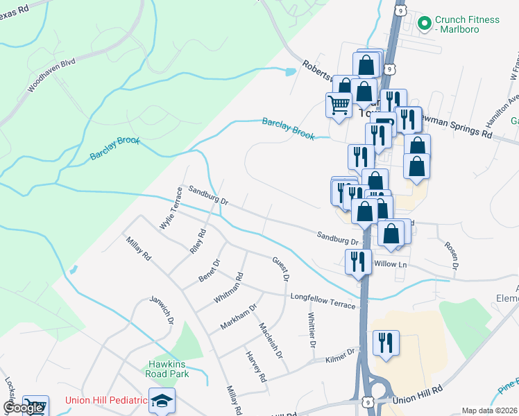 map of restaurants, bars, coffee shops, grocery stores, and more near 30 Sandburg Dr in Marlboro