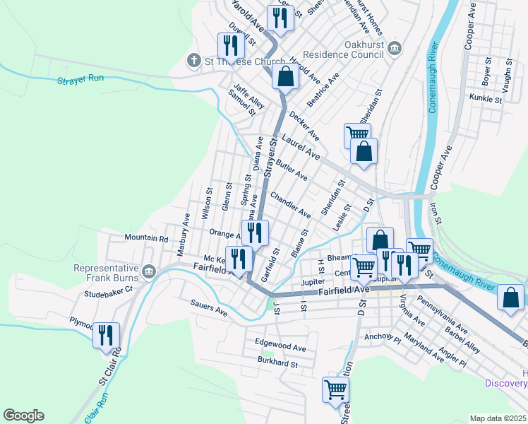 map of restaurants, bars, coffee shops, grocery stores, and more near 214 Strayer Street in Johnstown