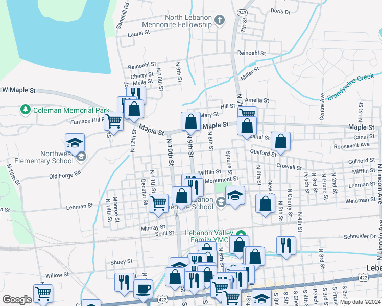 map of restaurants, bars, coffee shops, grocery stores, and more near 598 North 9th Street in Lebanon