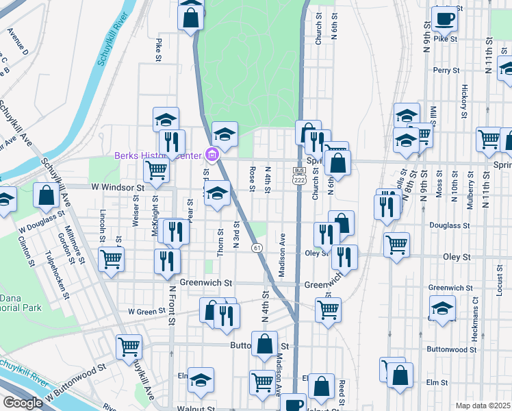 map of restaurants, bars, coffee shops, grocery stores, and more near 833 Rose Street in Reading