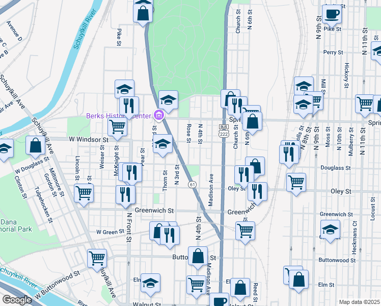 map of restaurants, bars, coffee shops, grocery stores, and more near 833 Rose Street in Reading