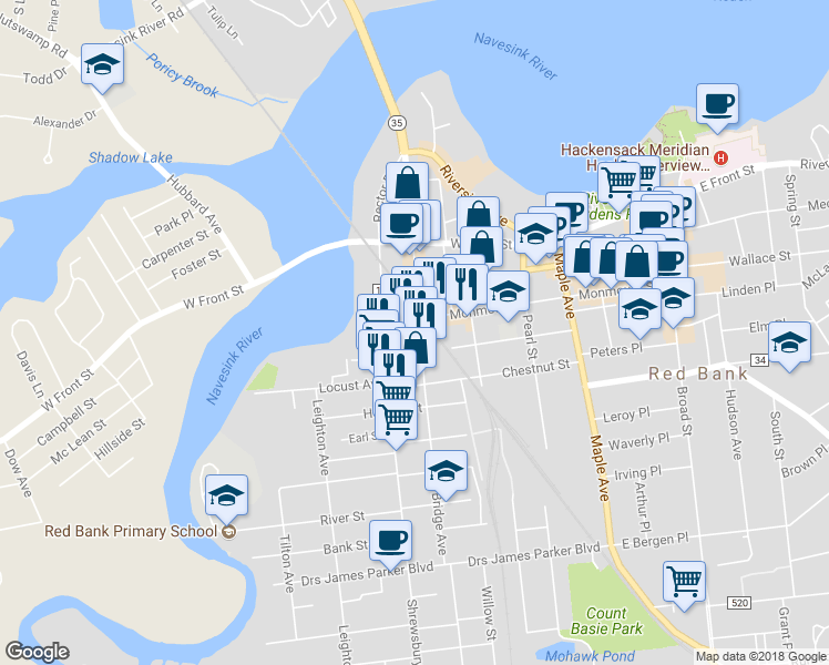 map of restaurants, bars, coffee shops, grocery stores, and more near 66 Bridge Avenue in Red Bank